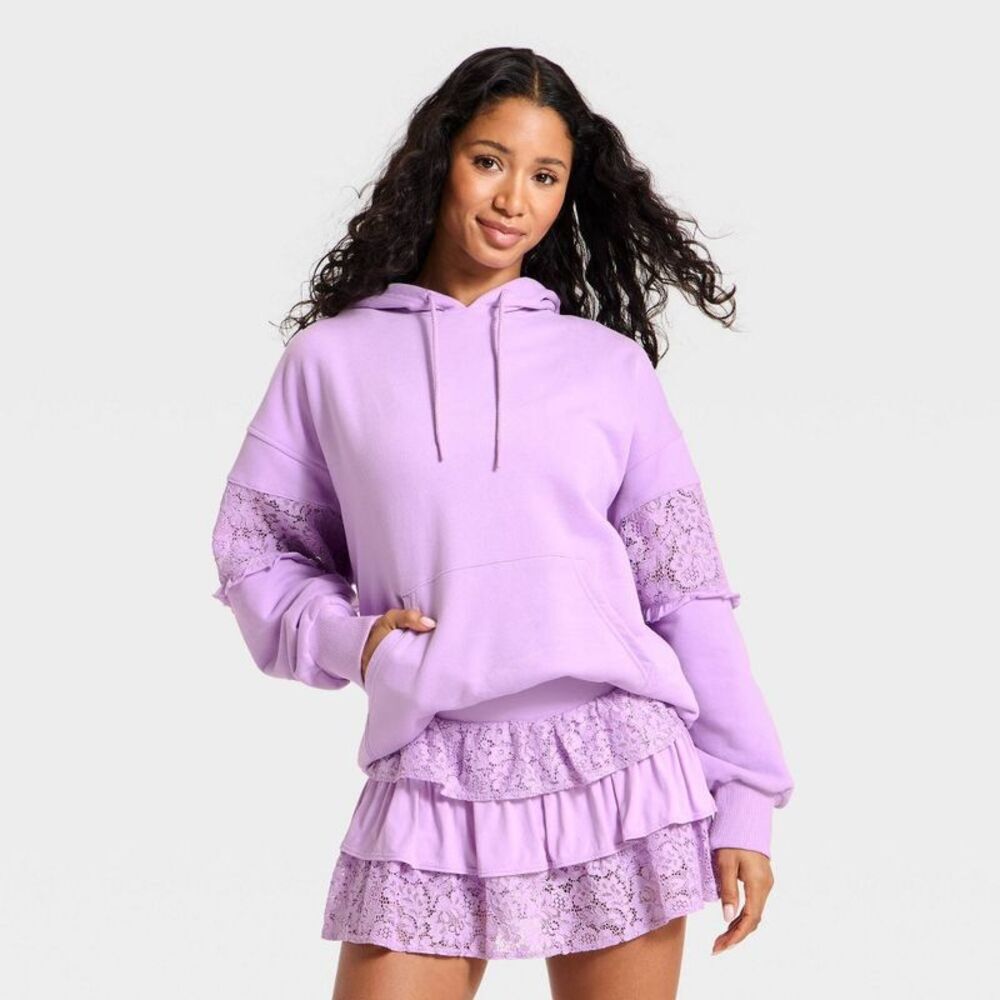 JoyLab - Women's Lace Trim French Terry Hooded Sweatshirt - Purple